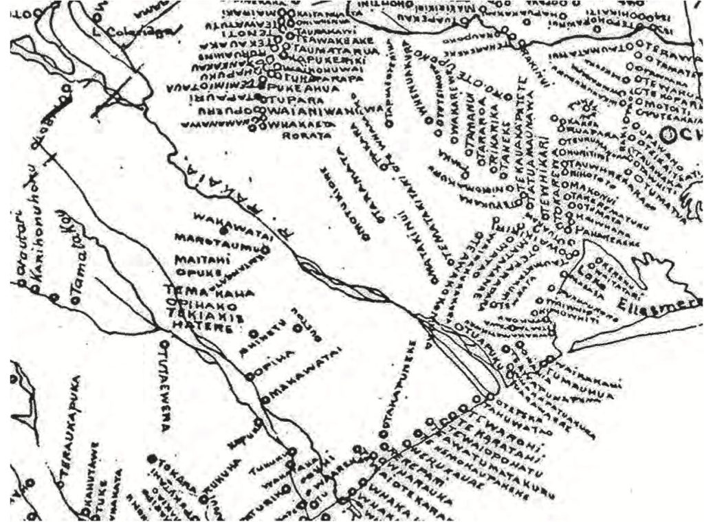 Map 25 Extract from the Taiaroa 1880 Mahinga Kai Maps, showing mahinga kai sites in the Rakaia and Te Waihora catchment