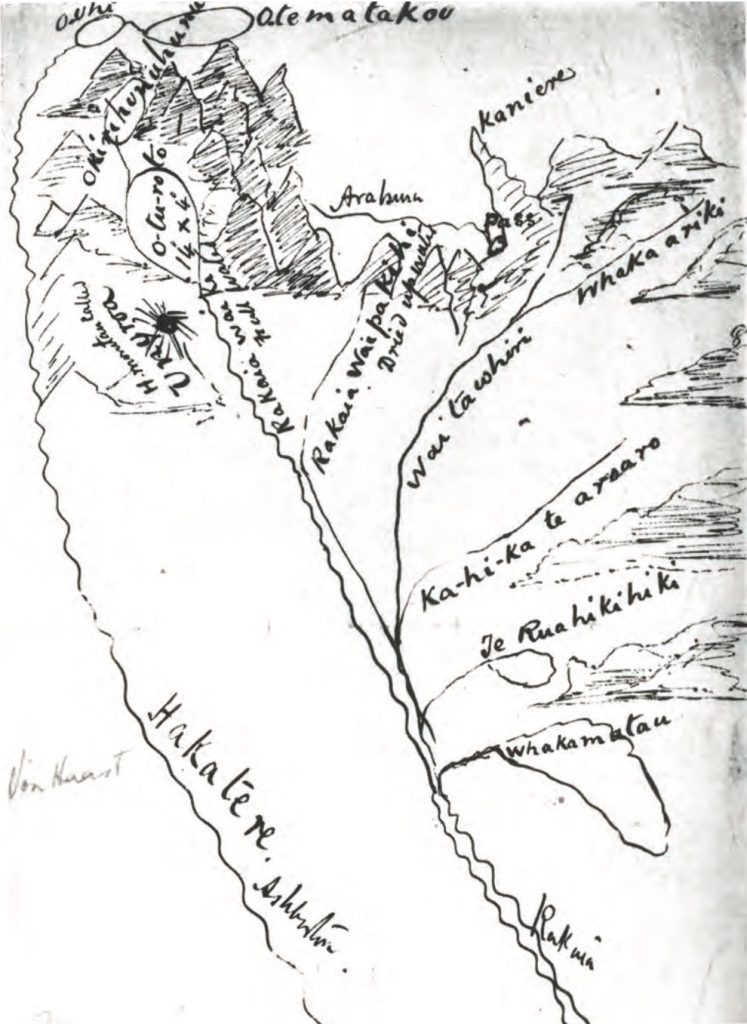 Map 26: One of the earliest maps of the Rakaia catchment, drawn by Julius Von Haast ca 1860
